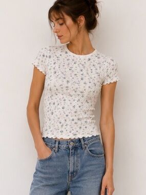 Tee by Ralph Lauren White Pointelle Floral Ruffle-Edge Crop Tee